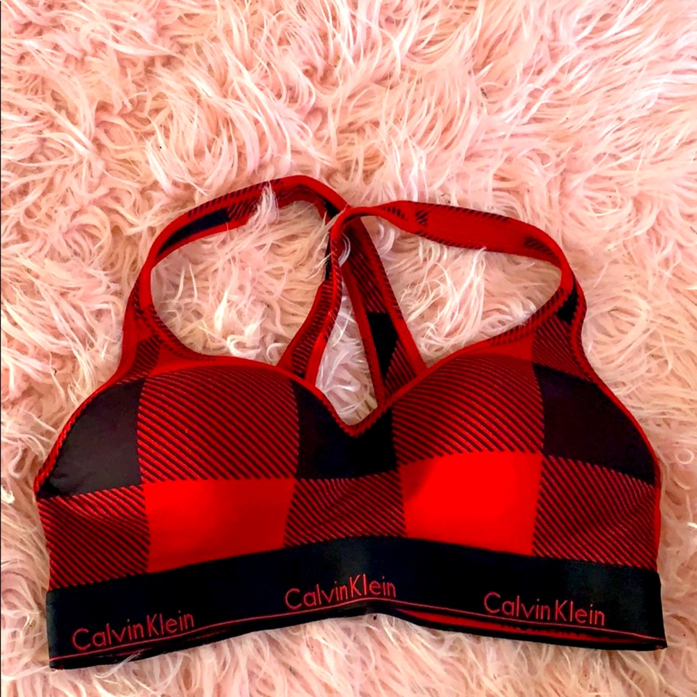 red & black plaid Calvin Klein sports bra
